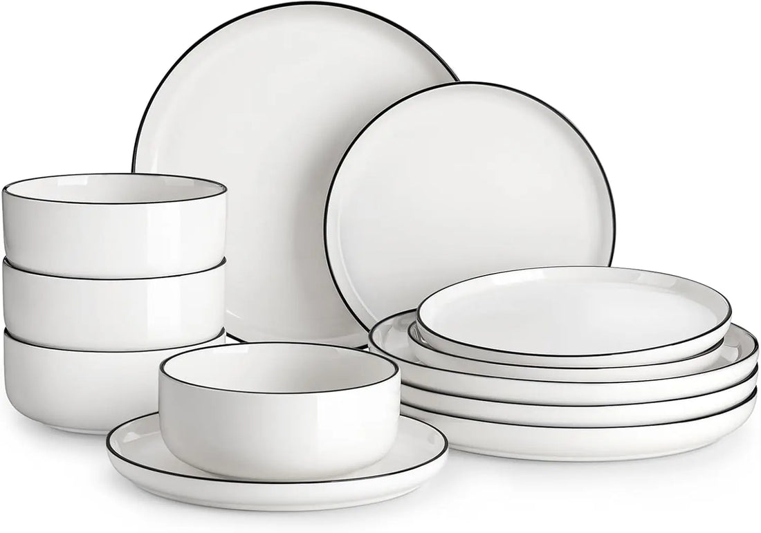 Plates and Bowls Sets, 12 Pieces Modern Porcelain Dinnerware Set for 4 White Kitchen Dinner Dining