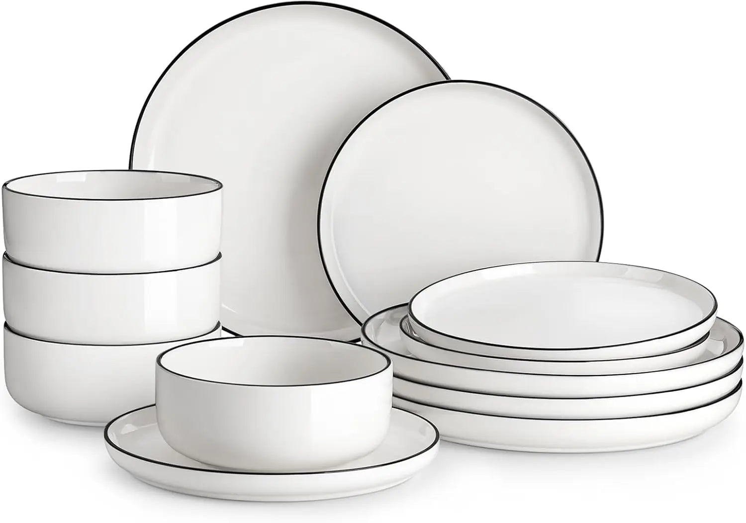 Plates and Bowls Sets, 12 Pieces Modern Porcelain Dinnerware Set for 4 White Kitchen Dinner Dining