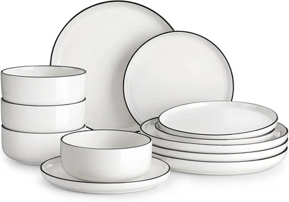 Plates and Bowls Sets, 12 Pieces Modern Porcelain Dinnerware Set for 4 White Kitchen Dinner Dining
