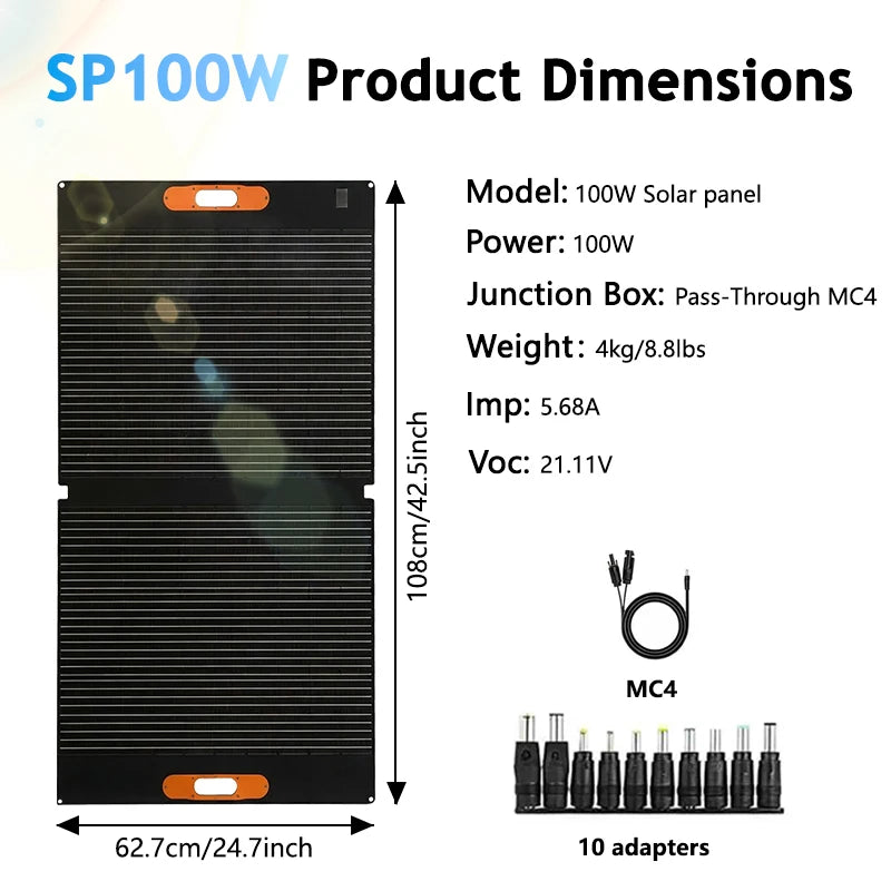 200W Portable Solar Panel 100W IP68 Waterproof Foldable Solar Panel Power Supply Backup Solar Charger Power Station RV Camping