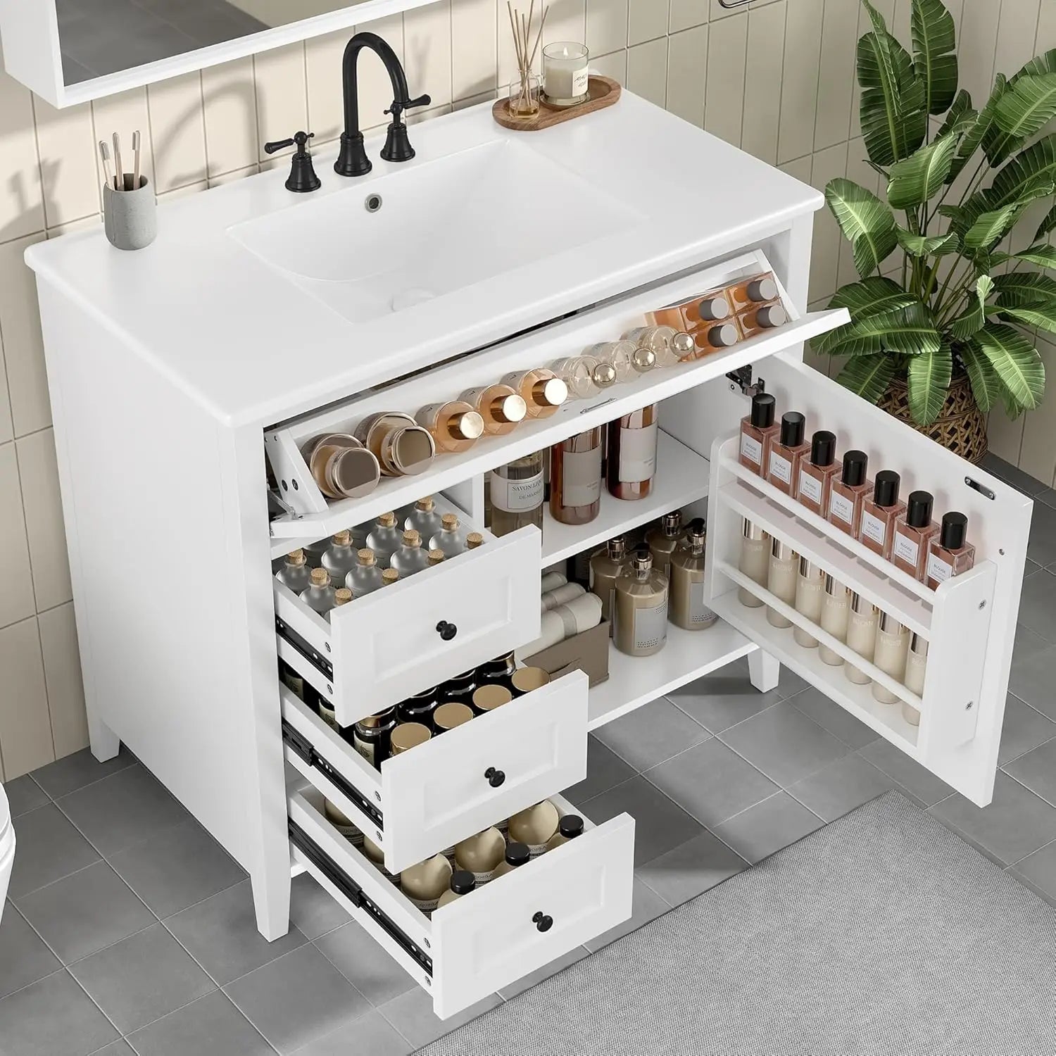 36" Free Standing Bathroom Vanity with Sink, Tip-Out Drawer &amp; 3 Drawers &amp; 2 Doors, Wood Cabinet with Ceramic Basin, Customized