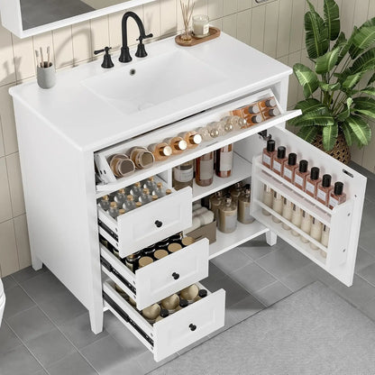 36" Free Standing Bathroom Vanity with Sink, Tip-Out Drawer &amp; 3 Drawers &amp; 2 Doors, Wood Cabinet with Ceramic Basin, Customized