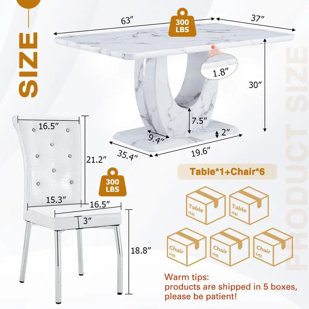 Faux Marble Dining Table Set for 6, 63 White Rectangular Kitchen Table with Elegant UShaped Pedestal Base amp 6 Tufted Upholste