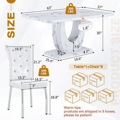 Faux Marble Dining Table Set for 6, 63 White Rectangular Kitchen Table with Elegant UShaped Pedestal Base amp 6 Tufted Upholste