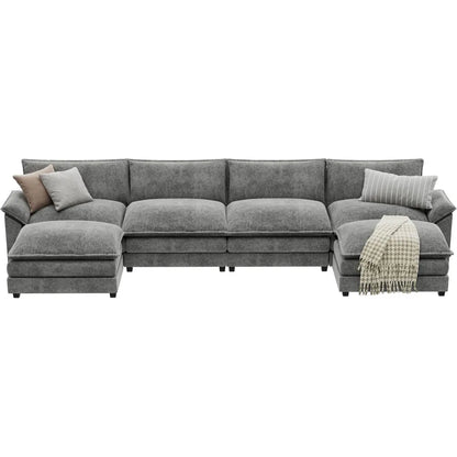 Sectional Modular Sofa U Shaped Chenille Fabric Couch with High Supportive &amp; Soft Sponges and Removable Ottoman, Sleeper Comfy