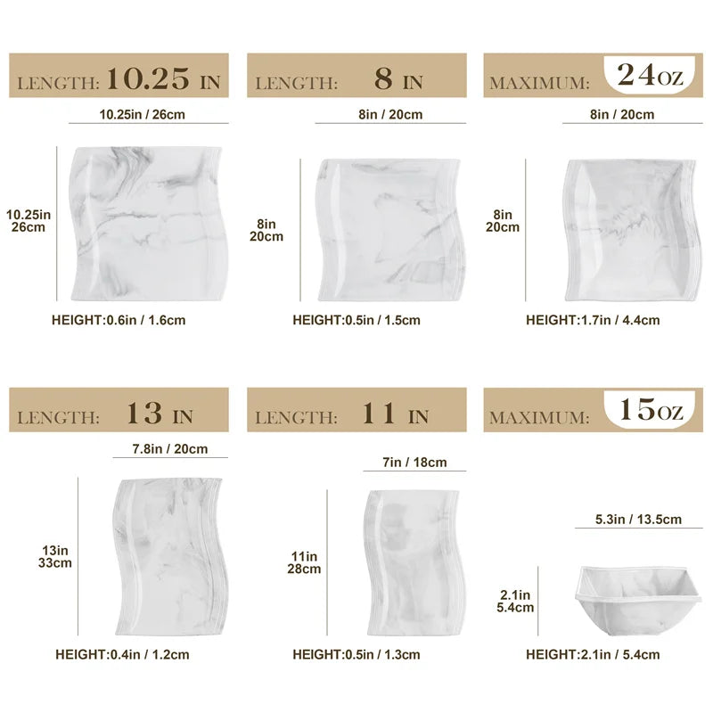 26Pcs Nordic Marble Pattern Porcelain Plates and Bowls Square Dinnerware Set Ceramic Dinner Plates Dishes Dessert Soup Plates