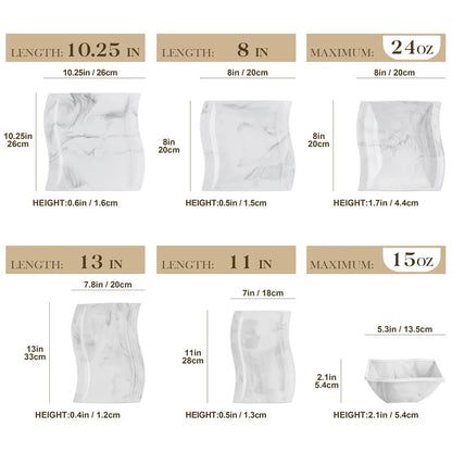 26Pcs Nordic Marble Pattern Porcelain Plates and Bowls Square Dinnerware Set Ceramic Dinner Plates Dishes Dessert Soup Plates