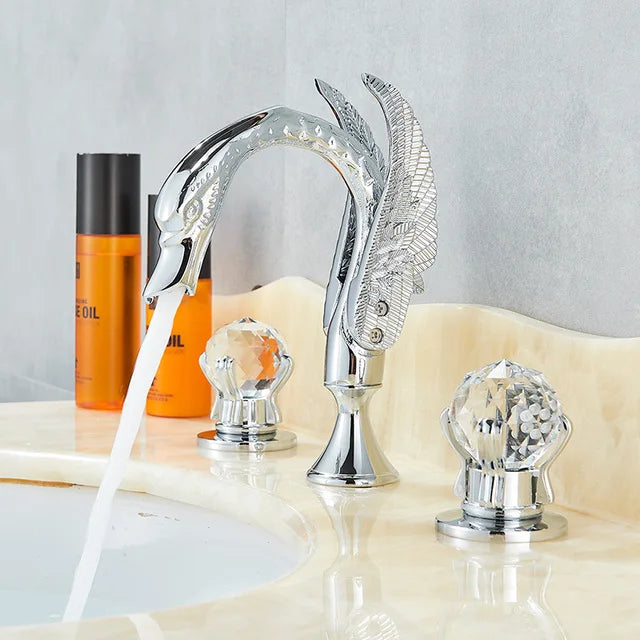 Rozin Gold Swan Basin Faucet Luxury Deck Mounted Dual Crystal Handle Bathroom Mixer Tap Cold and Hot Water Mixer Faucet