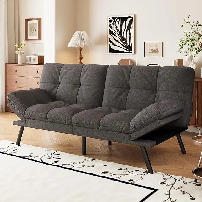 Faux Leather Futon Sofa Bed With Memory Foam Sleeper