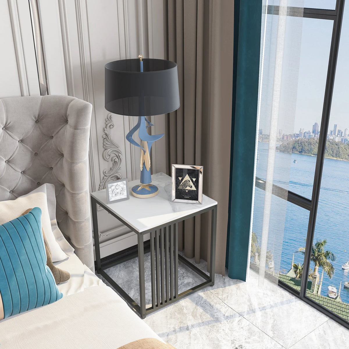 Modern Minimalist Marble Stone Side Table With Sturdy Metal Frame