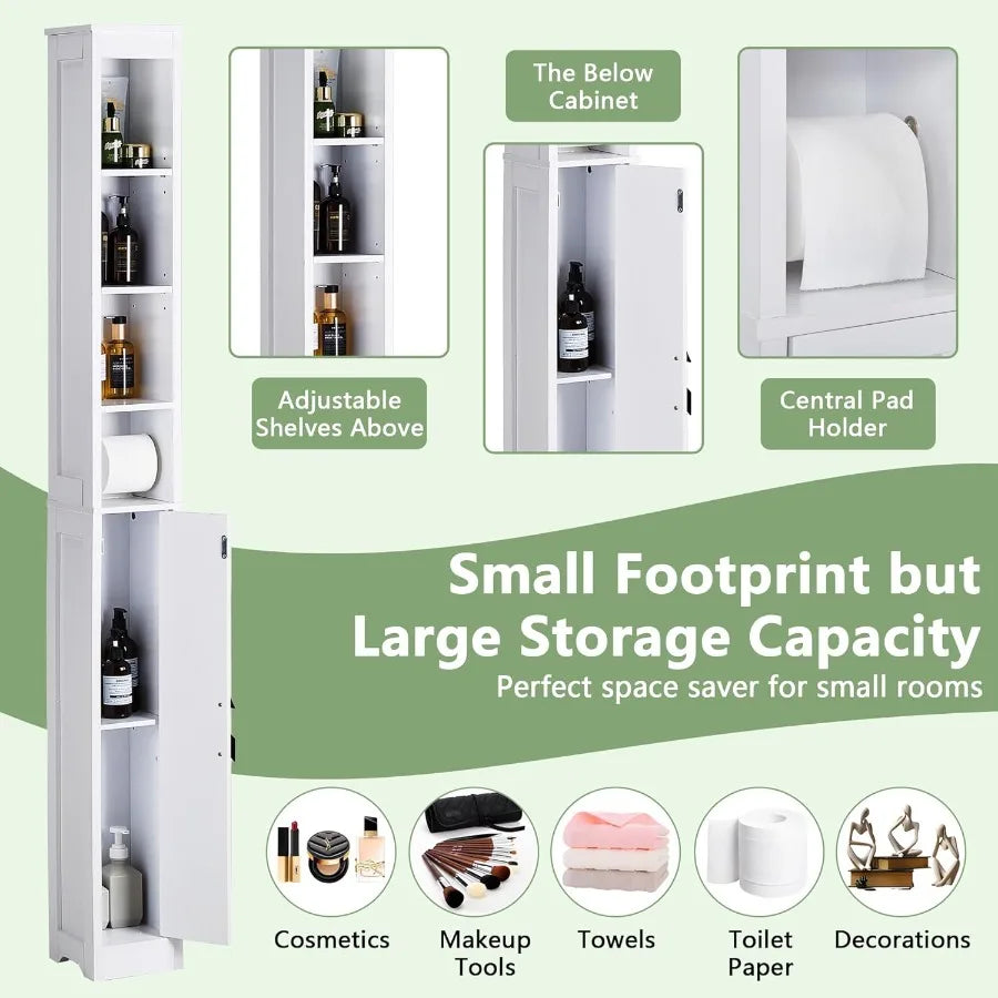 Narrow Bathroom Storage Cabinet With 3 Adjustable Shelves, 71" Tall Freestanding Cabinet With Toilet Paper Holder, Slim T