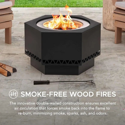 26 Hexagonal Outdoor Wood Burning Fire Pit with Cover and Poker, Smokeless Design, Perfect for Patio and Camping, Black