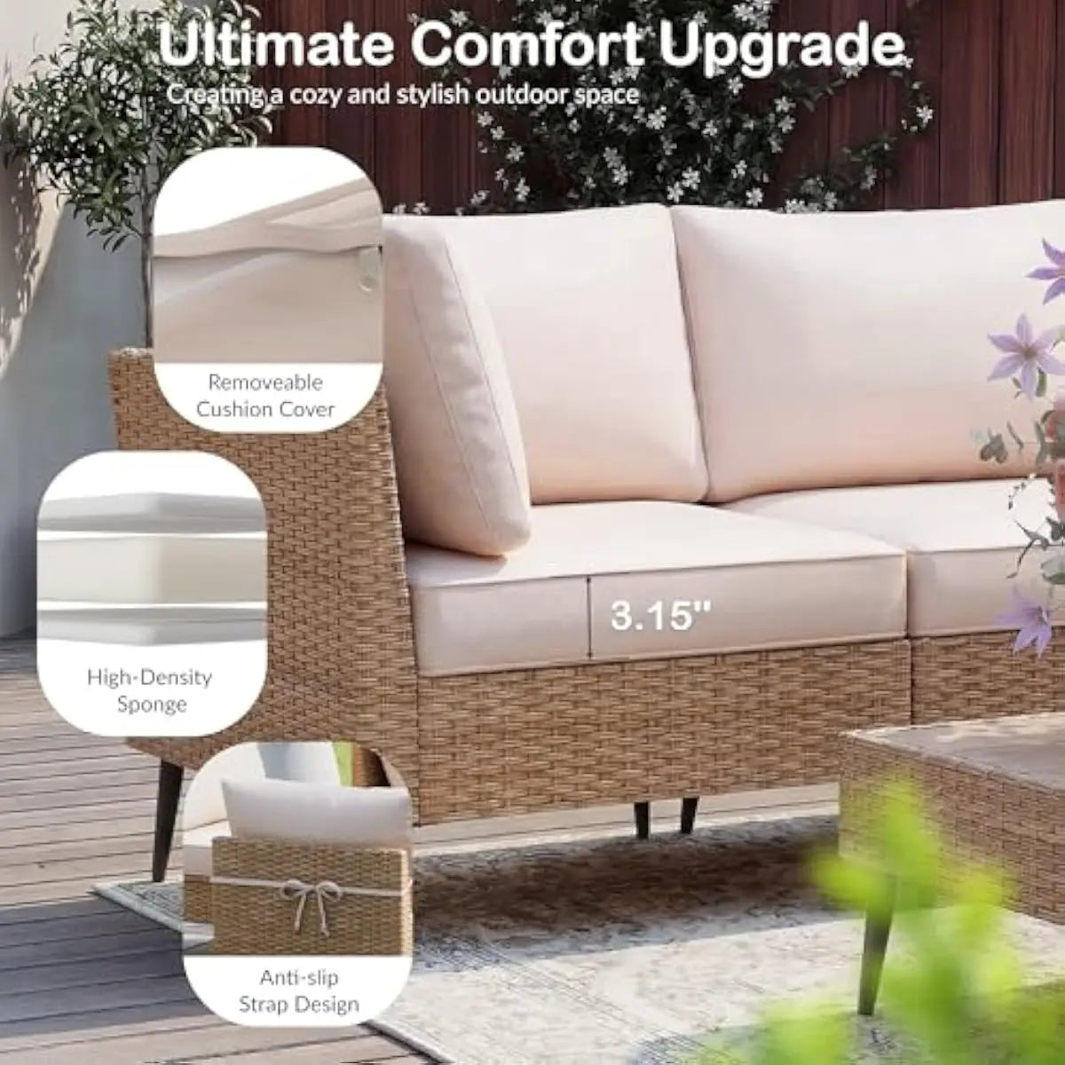 Outdoor sectional rattan sofa set with coffee table and cushions for garden poolside or terrace use weatherproof PE wicker powde