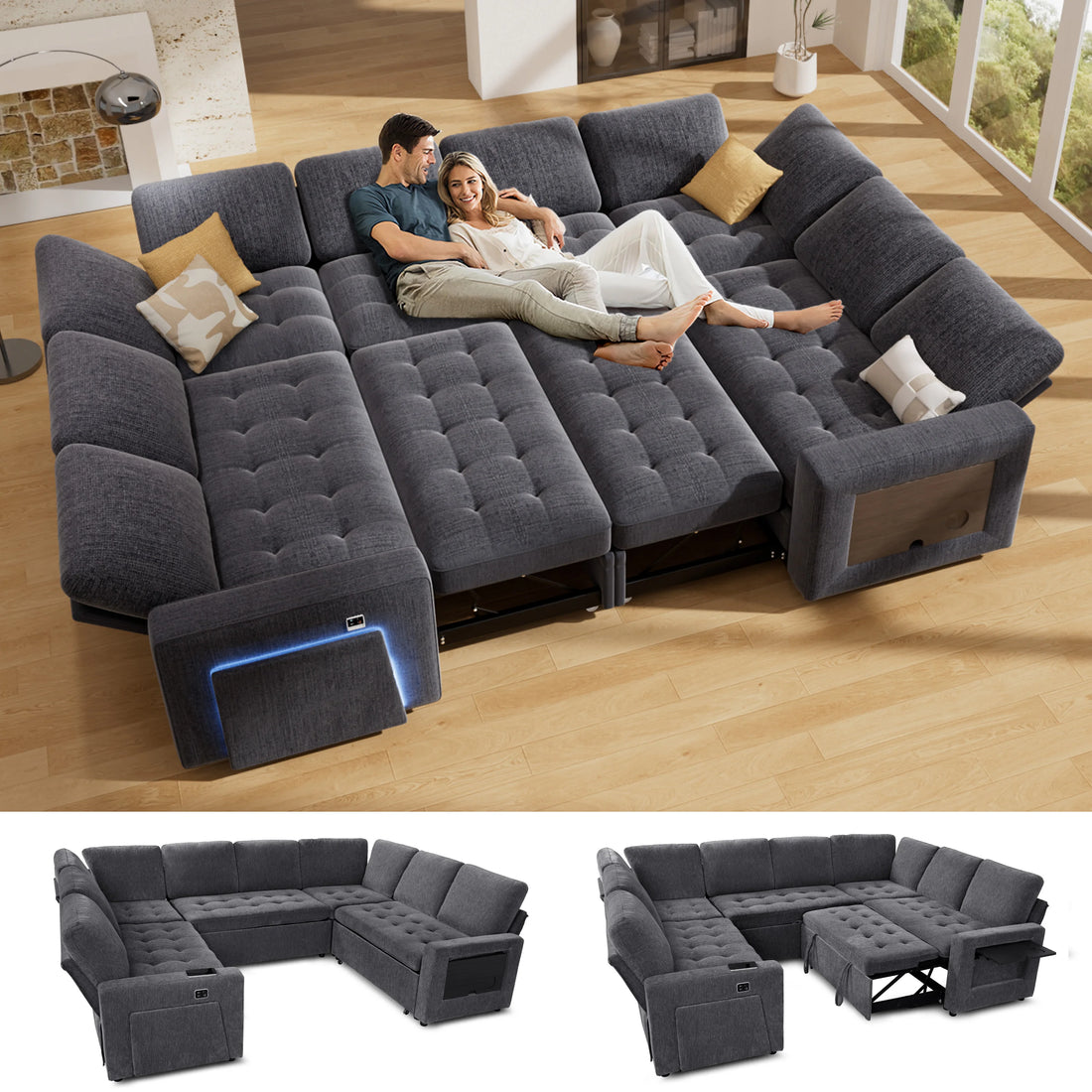 U-Shaped Modular Sectional Sofa With Pull Out Bed and USB