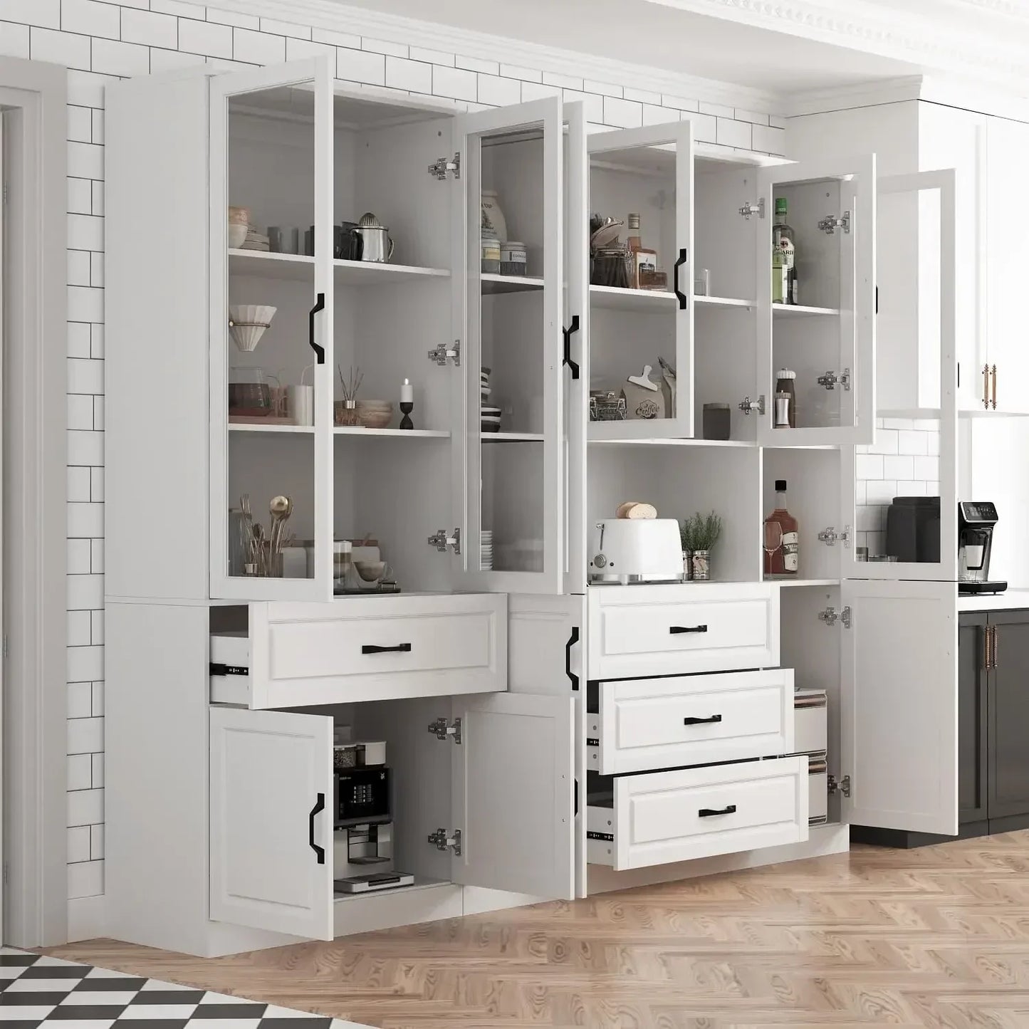 Customizable-Tall Bookshelf With Glass Doors & Drawers, 2 Piece Large Storage Cabinet Set, Home Office Bookcase With Doors, Glas