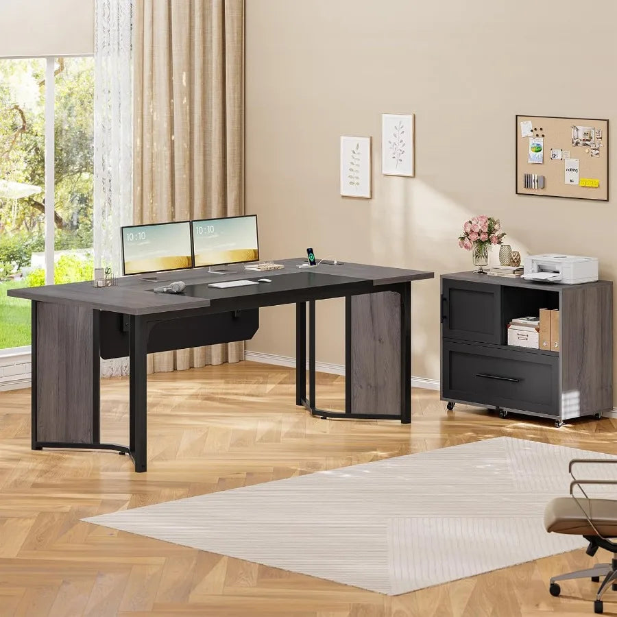 Executive Desk With Mobile File Cabinet Built In Power Outlets