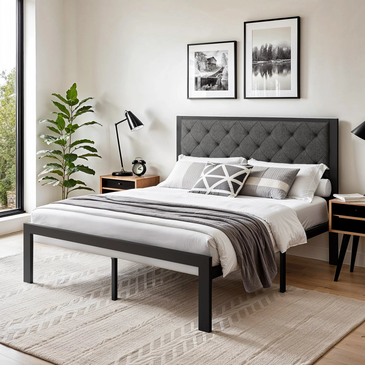 HOOMIC Metal Bed Frame Upholstered Headboard No Box Spring Needed