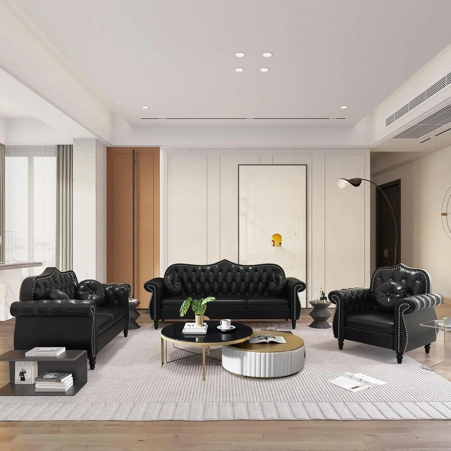 Black Mid-Century Modern 2-Seater Loveseat with Deep Button Tufting and Throw Pillows