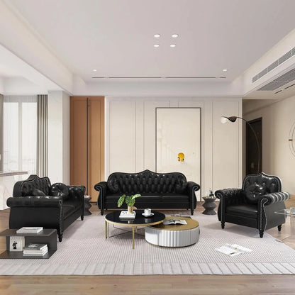 Black Mid-Century Modern 2-Seater Loveseat with Deep Button Tufting and Throw Pillows