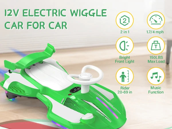 【Akeleo】12V Electric Wiggle Car with Pedal, 2 in 1 Wiggle Car Ride On Toys for Kids Ages 3 and Up, Anti-Rollover Flashing Wheels