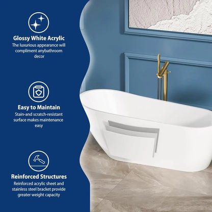 67 Inch Acrylic Freestanding Soaking Bathtub Contemporary Soaking White Tub Stand Alone Ergonomic Bathtub with Chrome Drain and