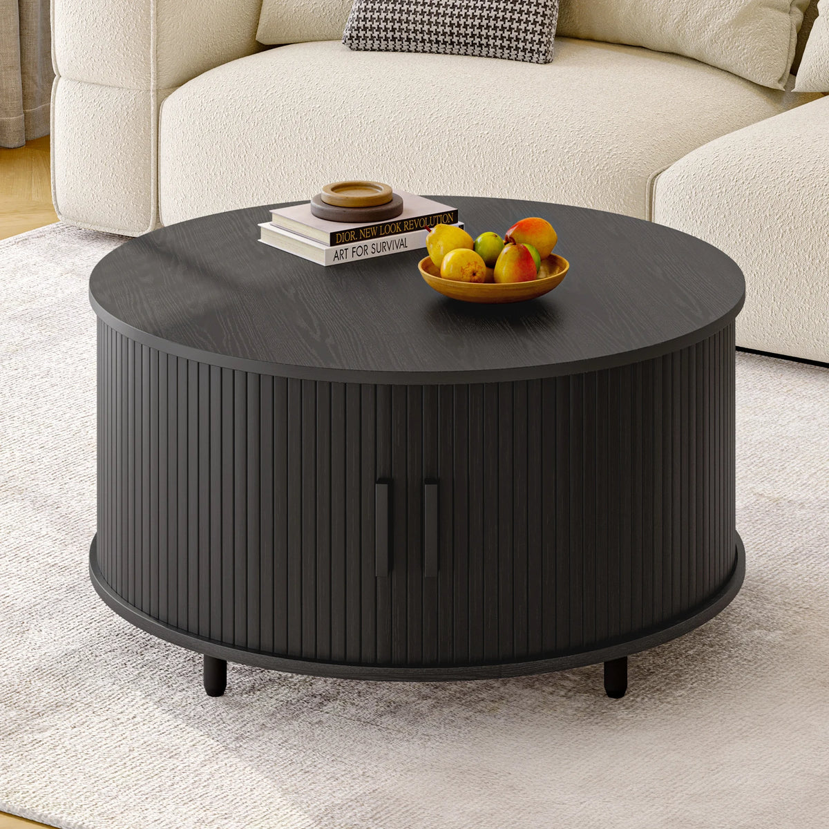 ONBRILL Modern Round Coffee Table With Storage And Sliding Door