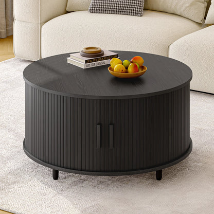 ONBRILL Modern Round Coffee Table With Storage And Sliding Door