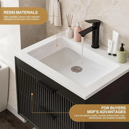 24" Modern Floating Bathroom Vanity with Sink, Double Drawers, Black Handles - White Resin Combo Set