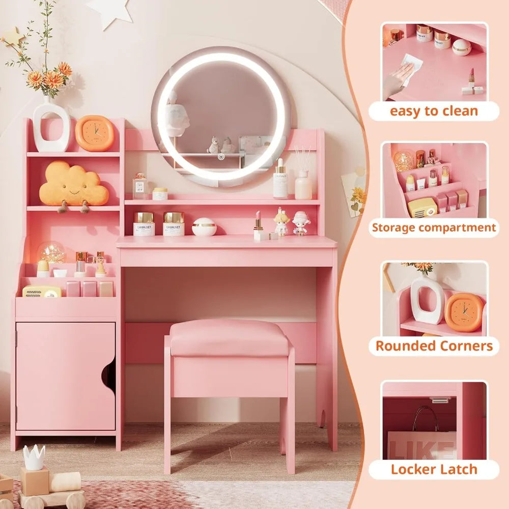 Kids Vanity with Lights, Princess Makeup Vanity Desk with Open Bookshelf, Storage Cabinet &amp; Shelves, Toddler Vanity Tabl