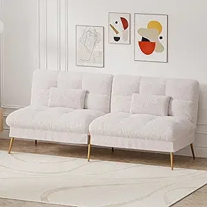 Convertible Futon Sofa Bed, 68" Corduroy Futon Couch with Adjustable Backrest, Folding Loveseat for Living Room, Bedroom (Cream
