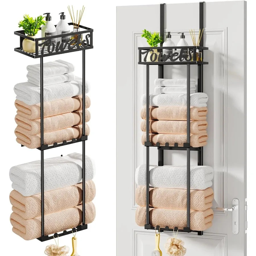 Towel Rack Bathroom Storage - 3 Tier Over The Door &amp; Wall Mounted Rolled Towel Racks Holder Organizer With Metal Shelf An