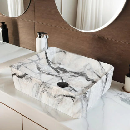 ZAPPO Artistic Marble Pattern Ceramic Vessel Sink Set, Black Matte Faucet Combo, Modern Bathroom Above-Counter Basin Vanity Sink