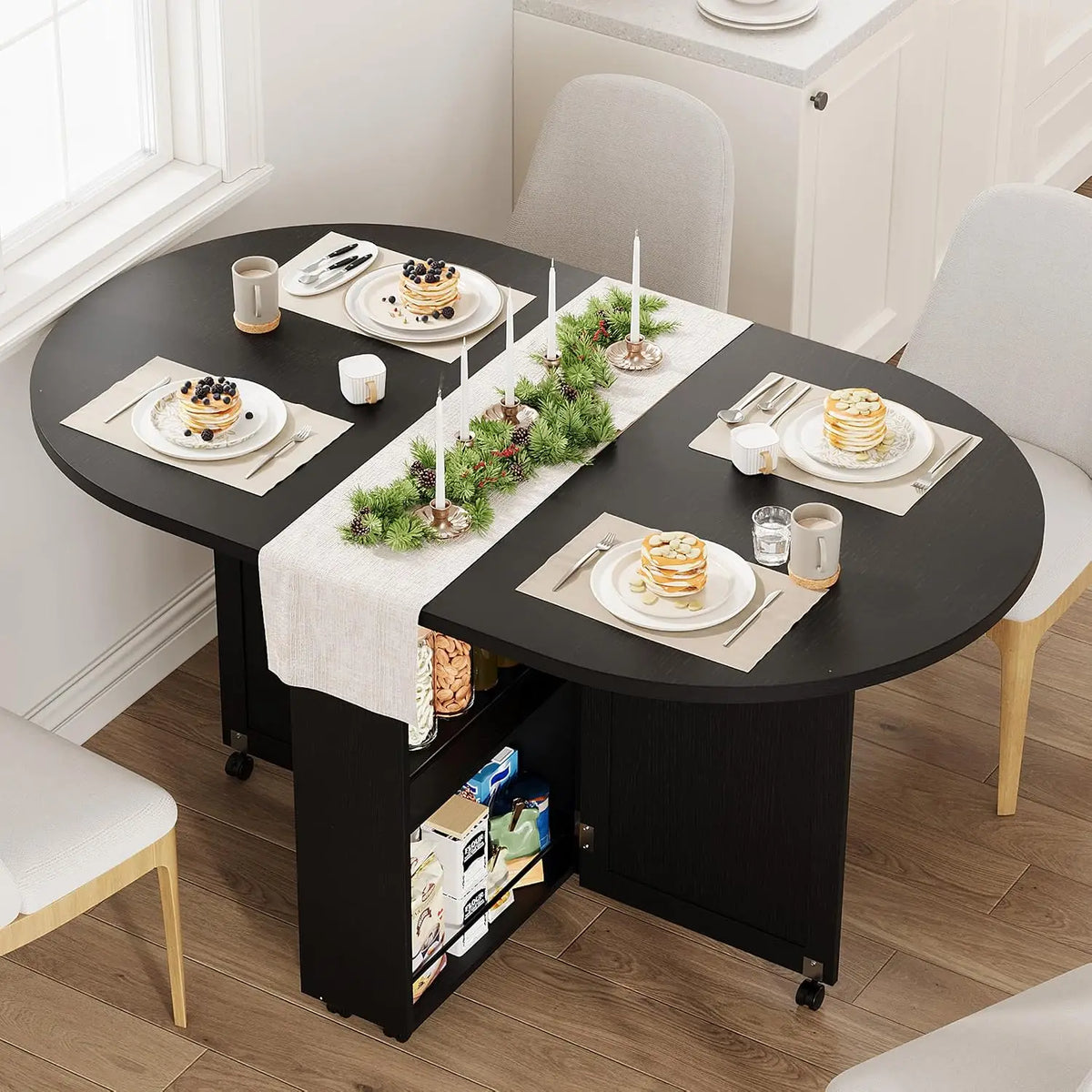 3-in-1 Folding Dining Table With Wine Rack, Drawer &amp; Cup Holders, Drop Leaf Oval Kitchen Table On Lockable Casters For Small Spaces