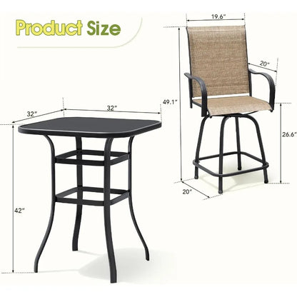 3‑Pieces Outdoor Patio Swivel Bar Set, Weather‑Resistant Counter Height Furniture Set for Backyard Garden Poolside Deck
