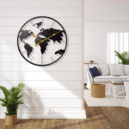 World Map Wall Clock, Metal Minimalist Modern Clock, Round Silent Non-Ticking Battery Operated Wall Clocks for Living Room/Home.