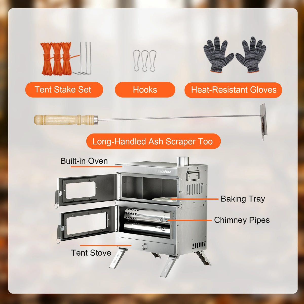 Unho Portable Wood Burning Camping Stove with Oven and Chimney