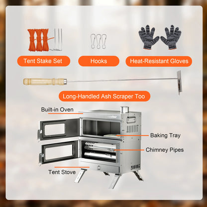 Unho Portable Wood Burning Camping Stove with Oven and Chimney