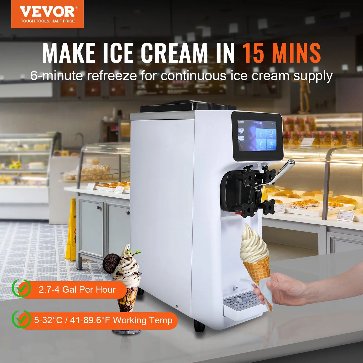 SucceBuy Commercial Ice Cream MachineSingle Flavor Countertop Soft Serve Ice Cream Maker Touch Screen Auto Clean Pre-cooling