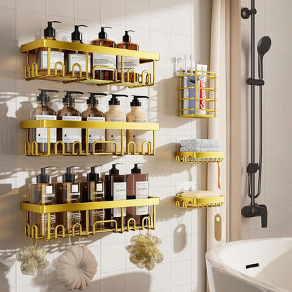 6 Pack Shower Caddy Organizer Rack Shelf for Inside Shower, Adhesive Bathroom Wall Storage Basket Rustproof Stainless Steel Shampoo Holder, Bathroom Accessory Decor Set