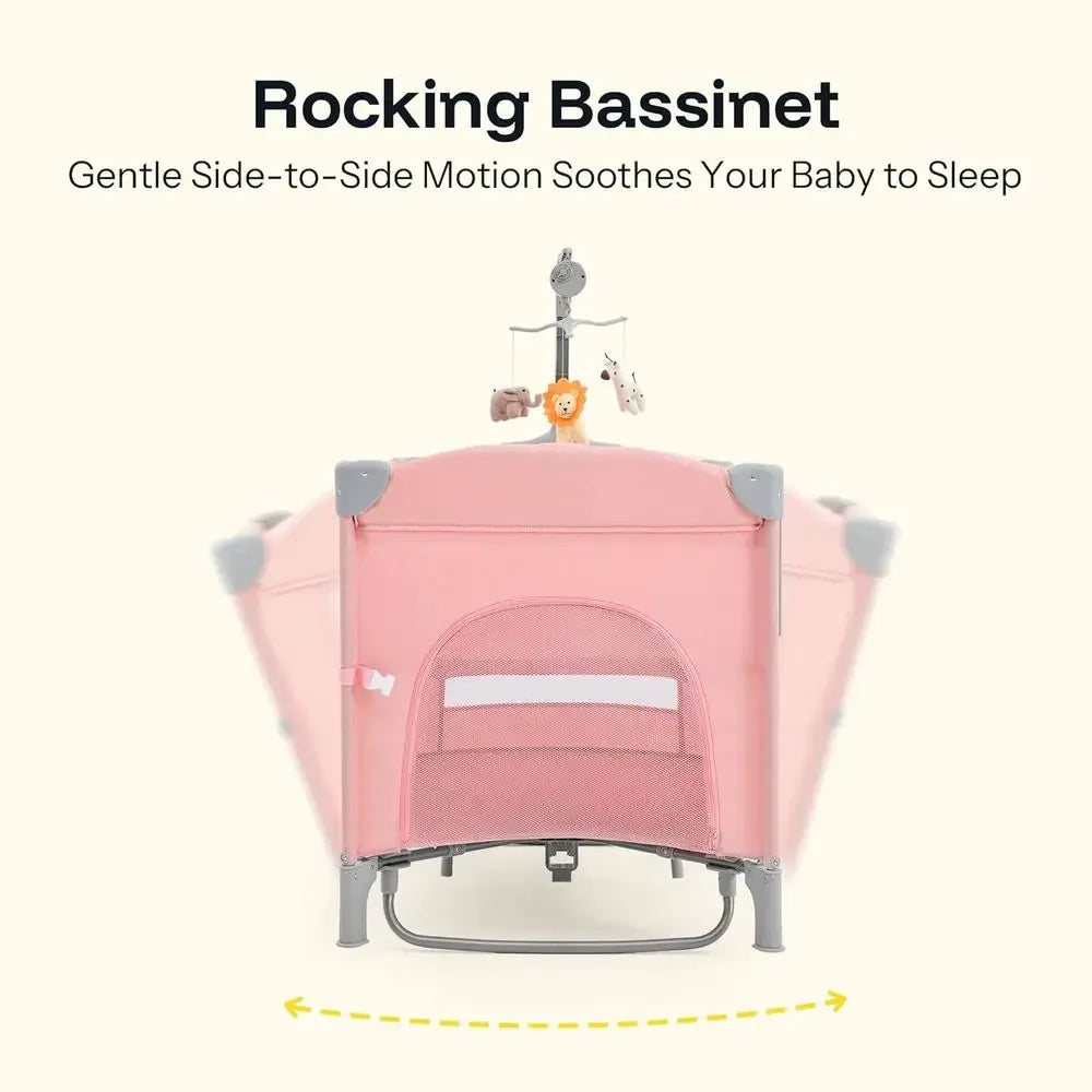Portable 6-in-1 Baby Playard with Crib, Bassinet, Mattress, and Changing Table (Pink)Time-limited