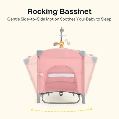Portable 6-in-1 Baby Playard with Crib, Bassinet, Mattress, and Changing Table (Pink)Time-limited