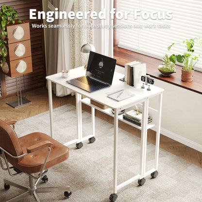 HOSSLLY Folding Computer Desk With Wheels And Storage Shelf