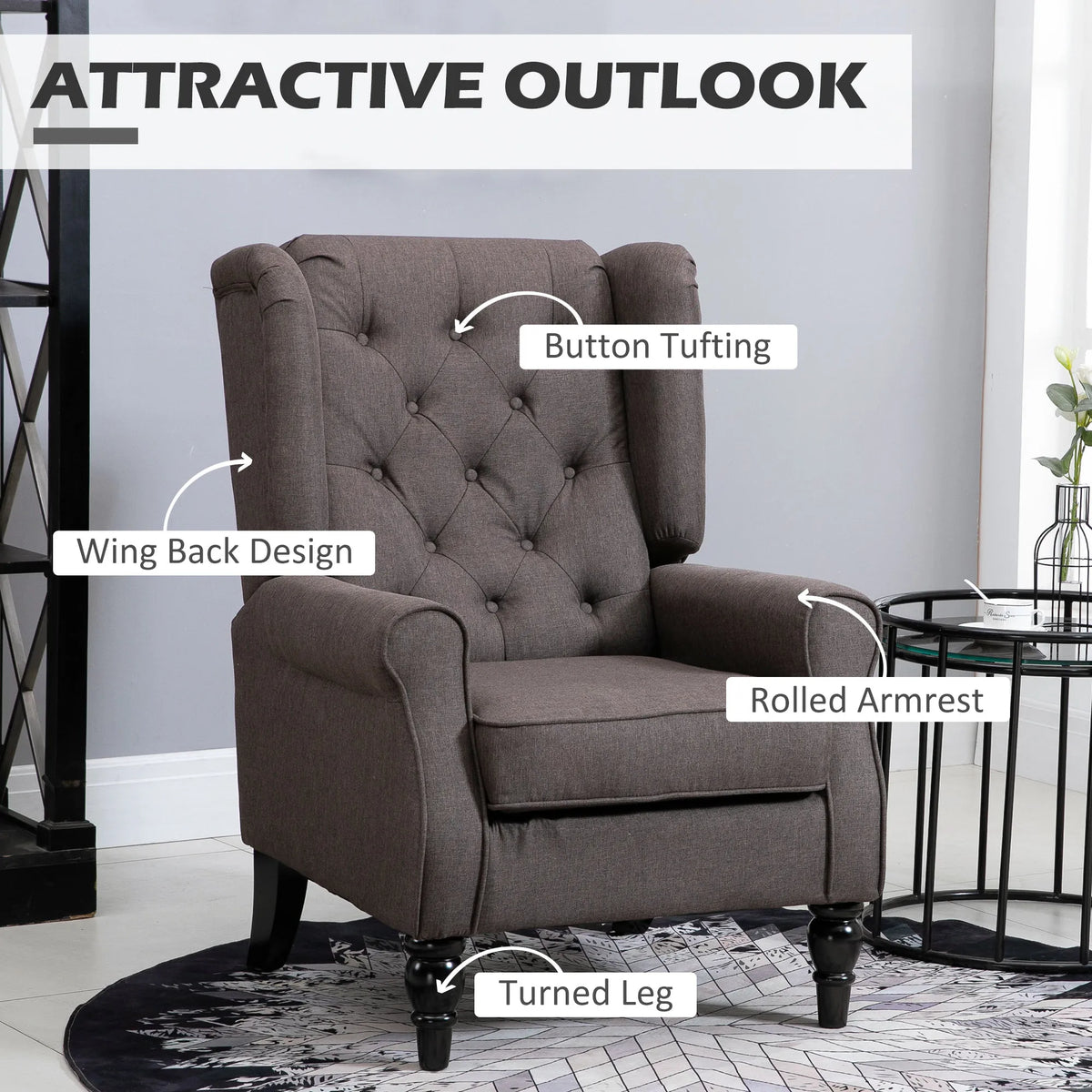 HOMCOM Button Tufted Wingback Accent Chair With Rounded Arms