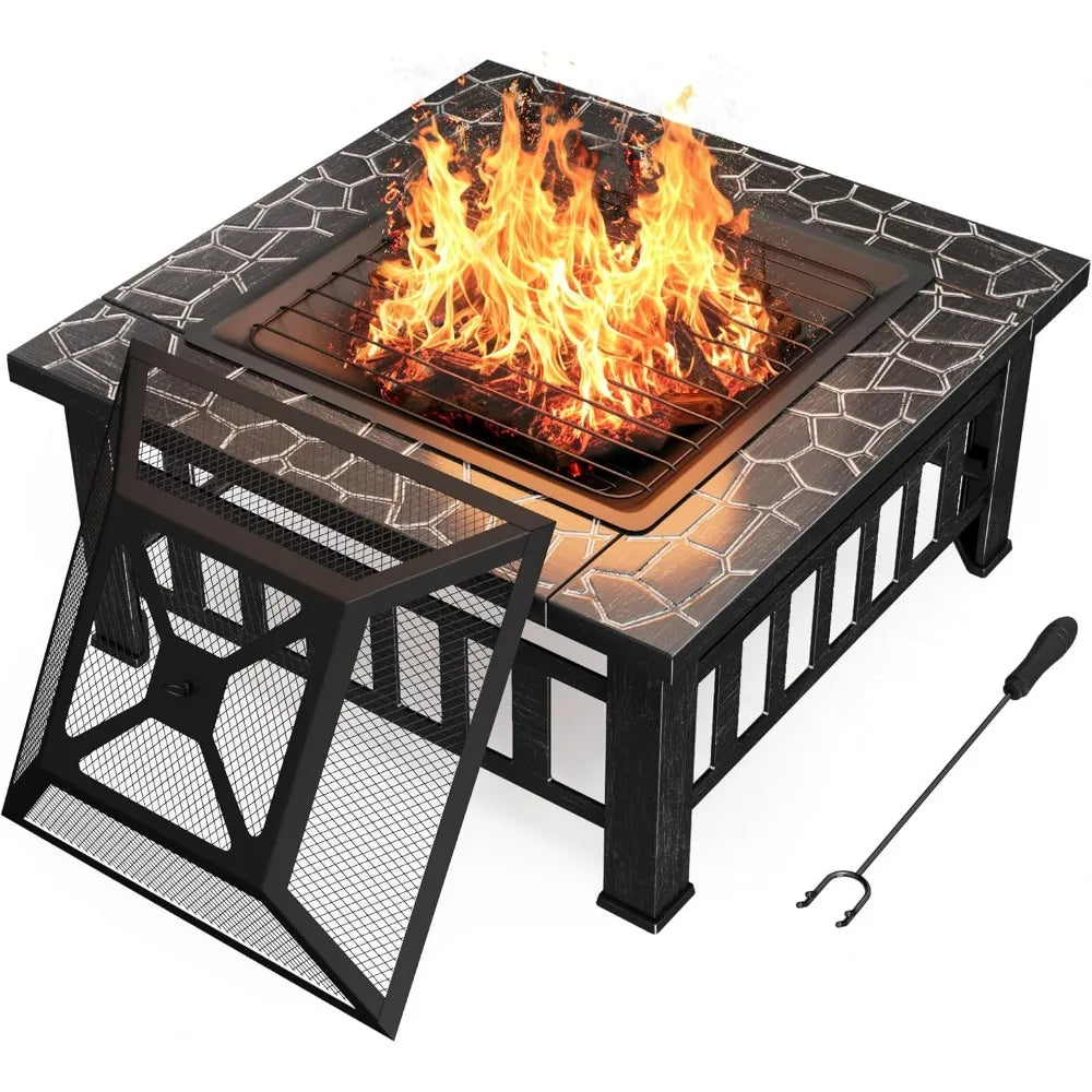Outdoor Metal Fire Pit Table with Waterproof Cover for Patios