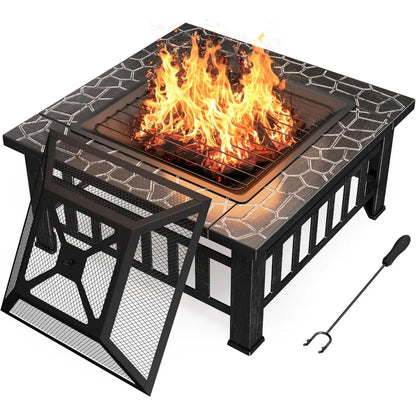 Outdoor Metal Fire Pit Table with Waterproof Cover for Patios