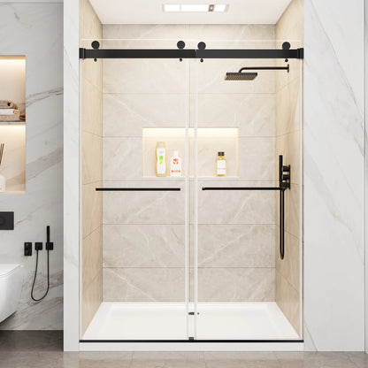 60" x 78"Matte Black Frameless Double Sliding Shower Door, 10mm Clear Tempered Glass with Film, Stainless Steel Handles