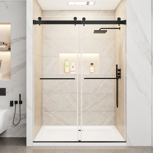 60" x 78"Matte Black Frameless Double Sliding Shower Door, 10mm Clear Tempered Glass with Film, Stainless Steel Handles