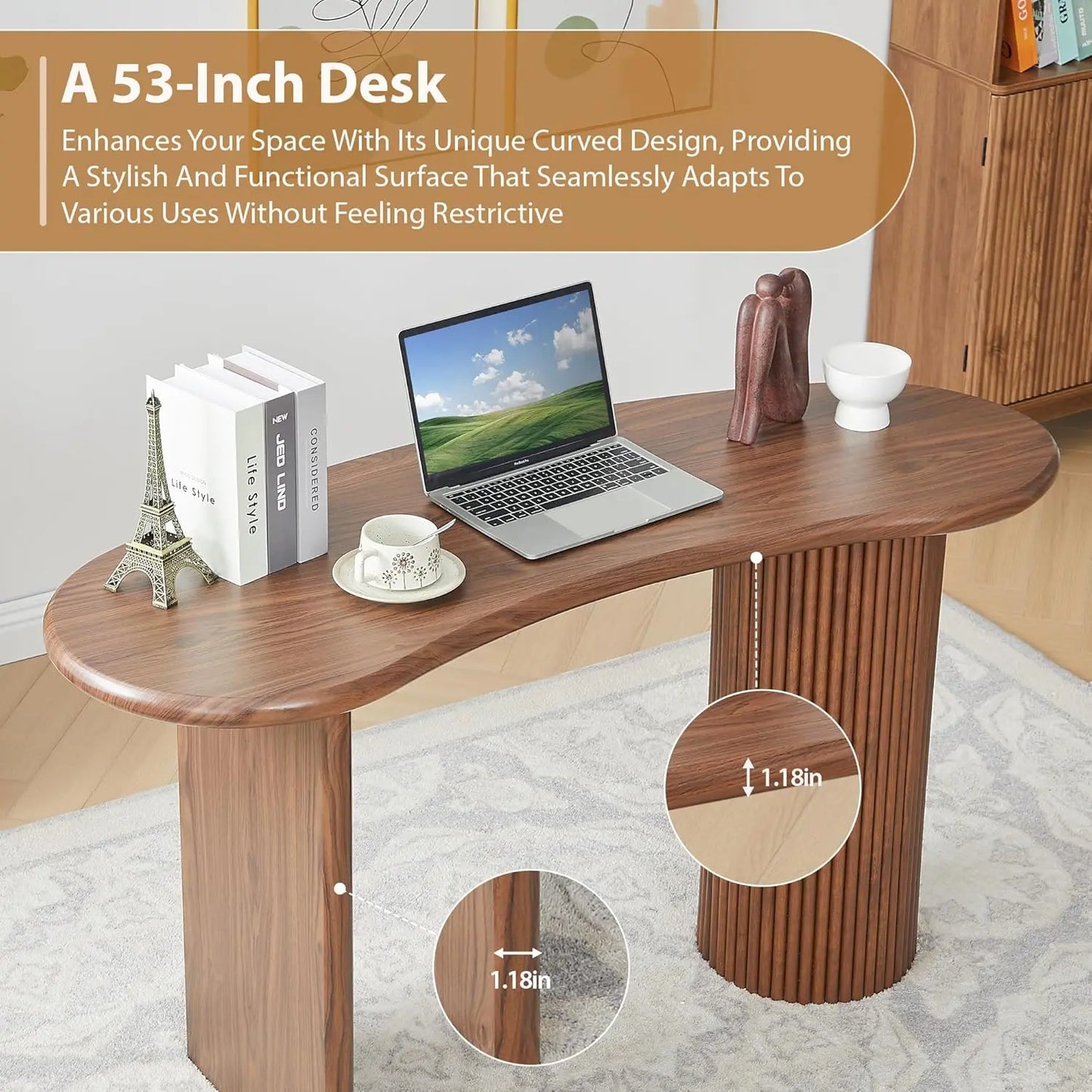 XMSJ Curved Computer Desk With Sturdy Fluted Legs Modern