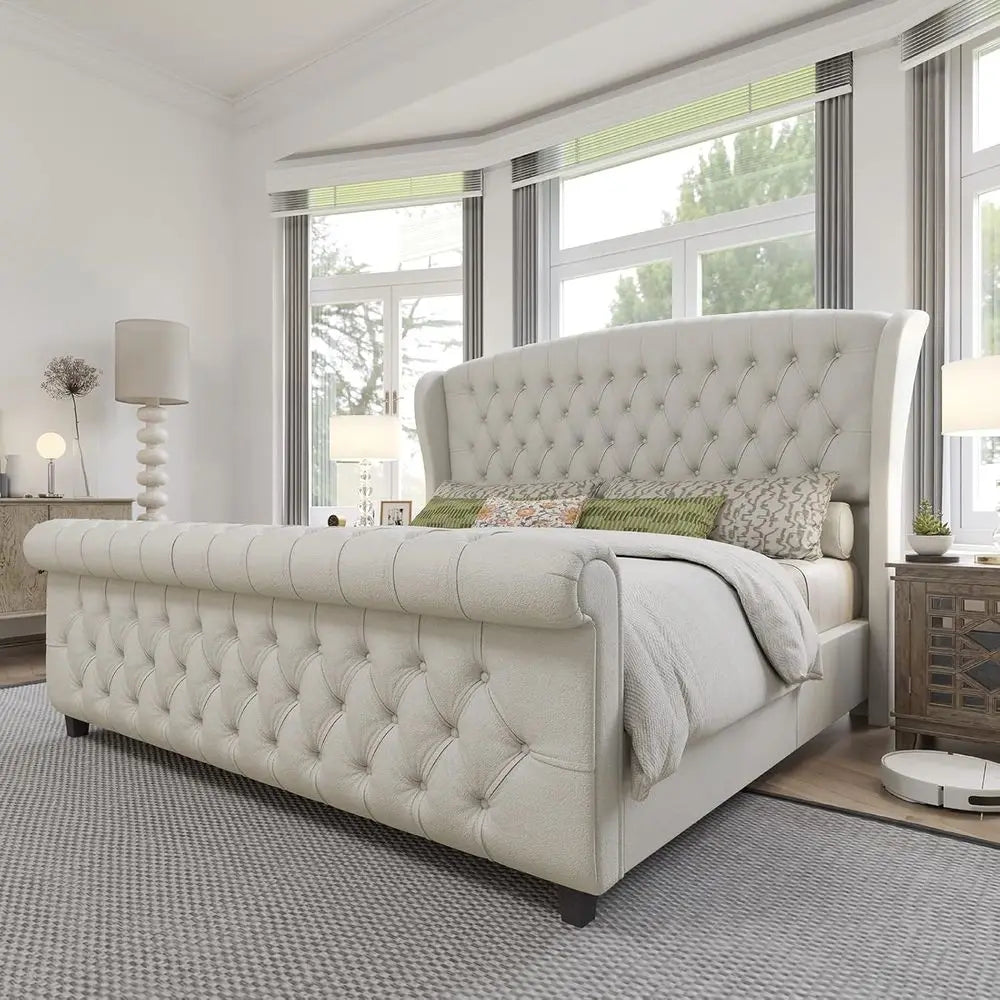 AMERLIE King Size Platorm Bed e, Chenille Upholstered Sleigh Bed with Scroll Wingback board &amp; ootboard/Button Tuted/No Box Sprin