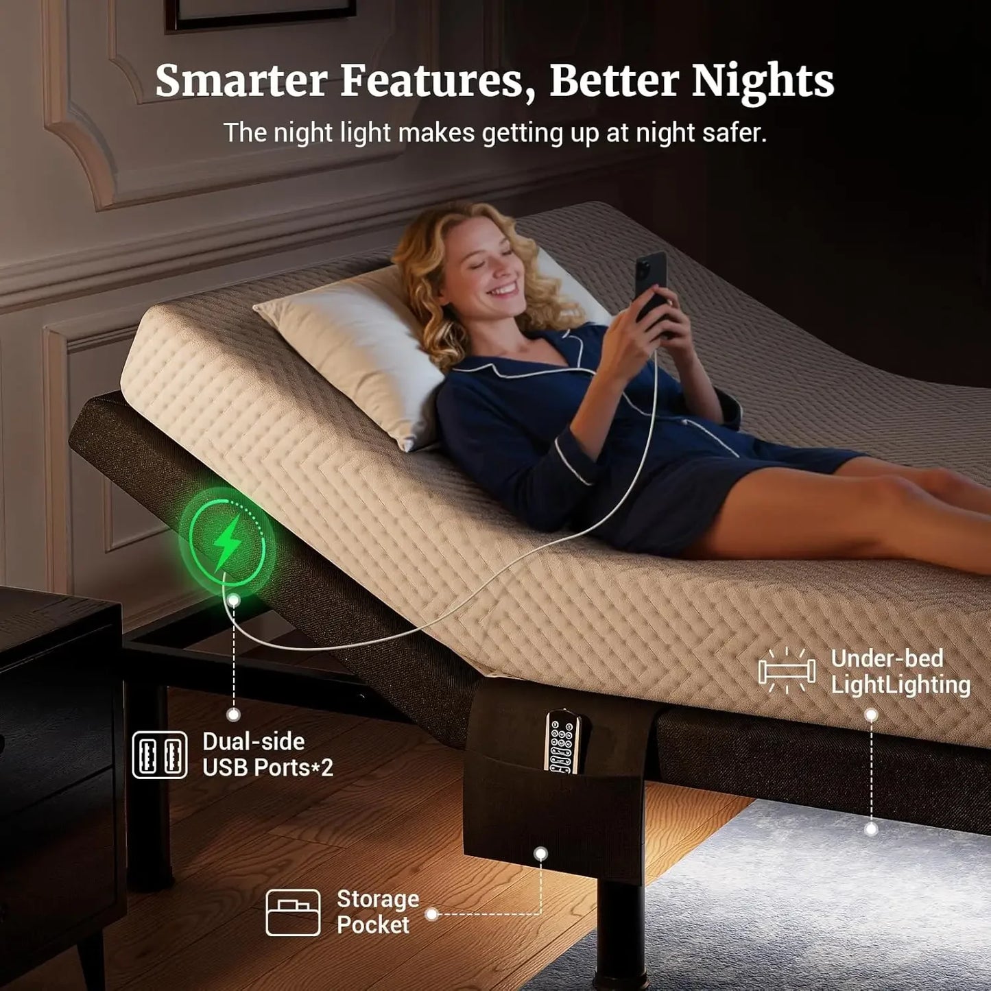 T600 Adjustable Bed Frame Queen Size with Remote & Massage - Electric Beds Bases, Zero Gravity, Dual Side USB, Side Pockets